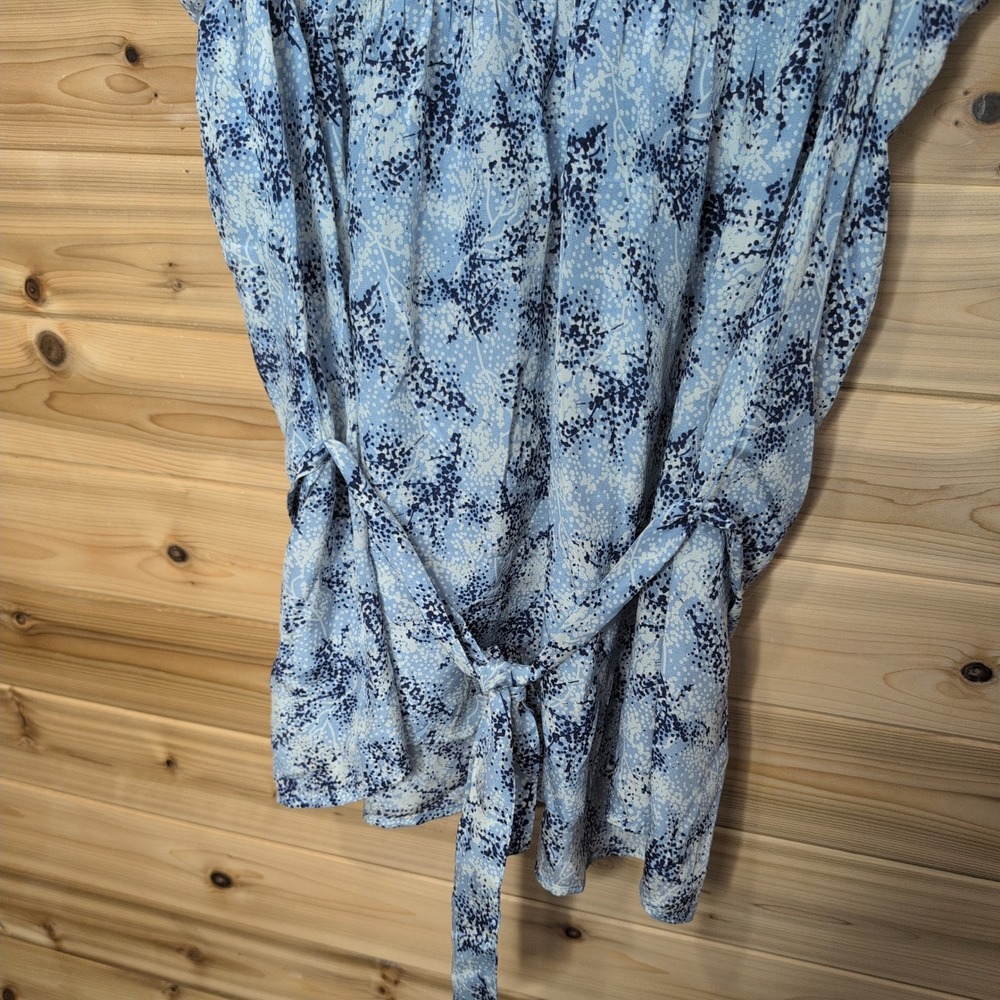 Sundance Blue White Floral 100% Silk Ruffle Cap Sleeve Tie Waist Blouse Medium - Picture 4 of 10